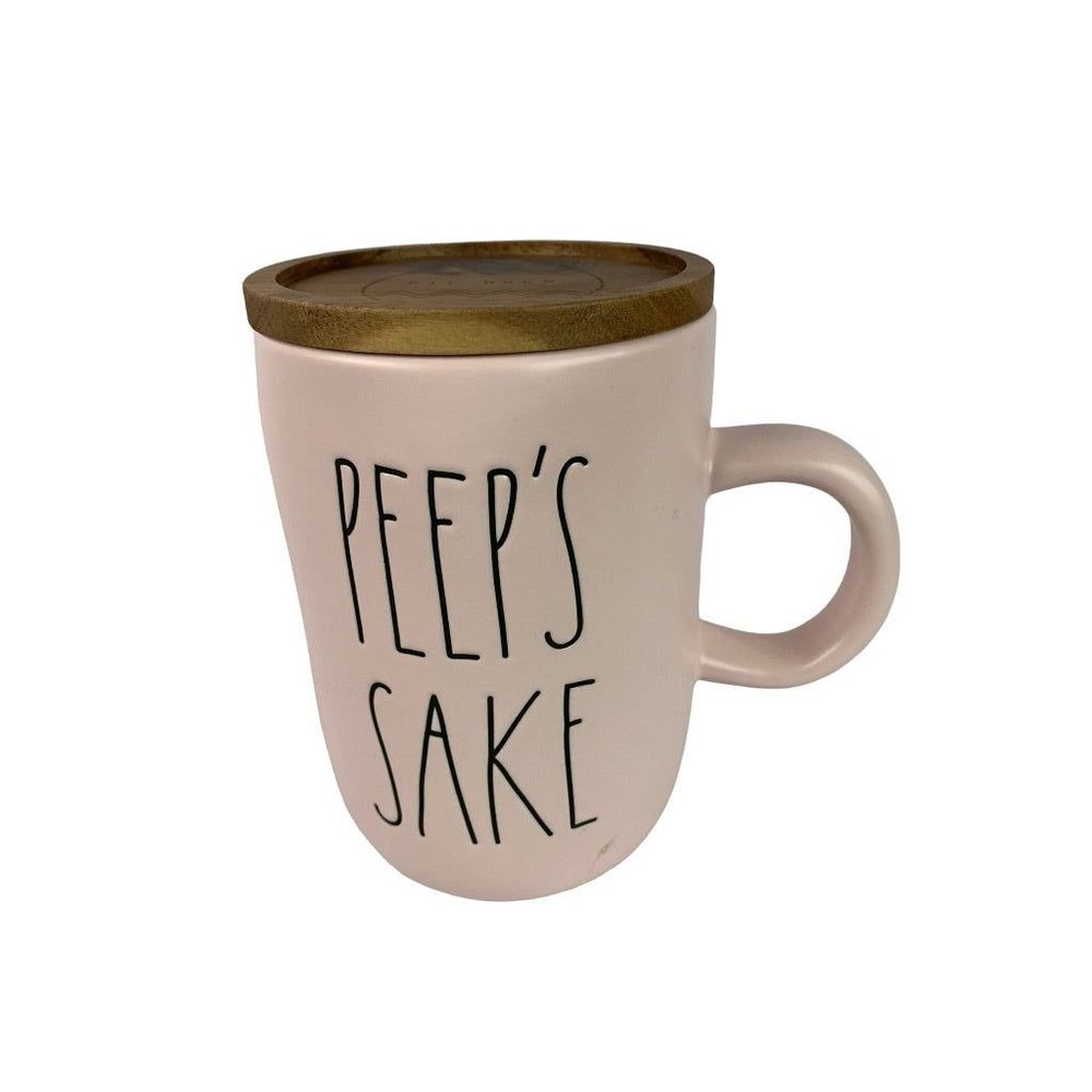 Rae Dunn Artisan Mug Blush Color "PEEP'S SAKE" Wooden Coaster Lid‎ New